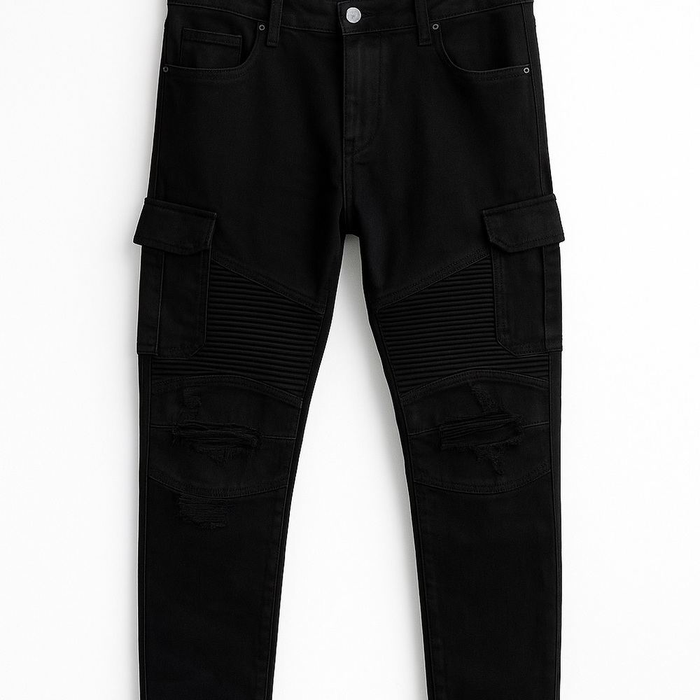 PREME Men’s Black Biker Cargo Jeans 40x32 Distressed Slim Fit Streetwear